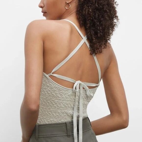 Club Monaco Tank Strappy Texture Top Women XS Stretch Tie back Sage Green - Picture 2 of 13